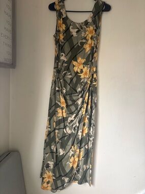 Caribbean Joe Olive Green Maxi Dress with Yellow Floral Print